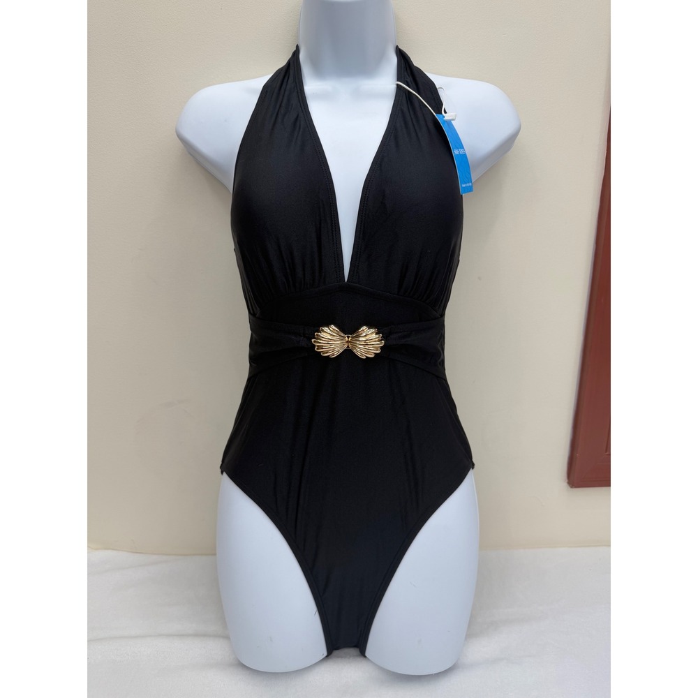 Has Times One Piece Swimsuit Womens SM Black Halter Gold Shell Buckle Swimwear